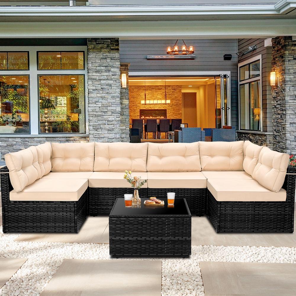 7 Piece Rattan Sectional Sofa Set, Outdoor Conversation Set, AllWeather Wicker Sectional