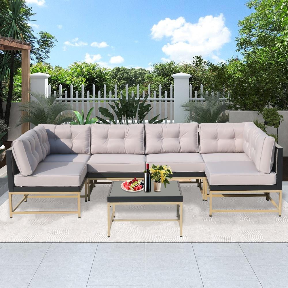 7 Piece Rattan Sectional Sofa Set, Outdoor Conversation Set, AllWeather Wicker Sectional