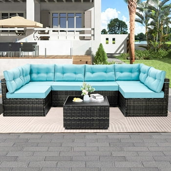 7 Piece Rattan Sectional Sofa Set, Outdoor Conversation Set, All-Weather Wicker Sectional Seating Group with Cushions & Coffee Table, Morden Furniture Couch Set for Patio Deck Garden Pool