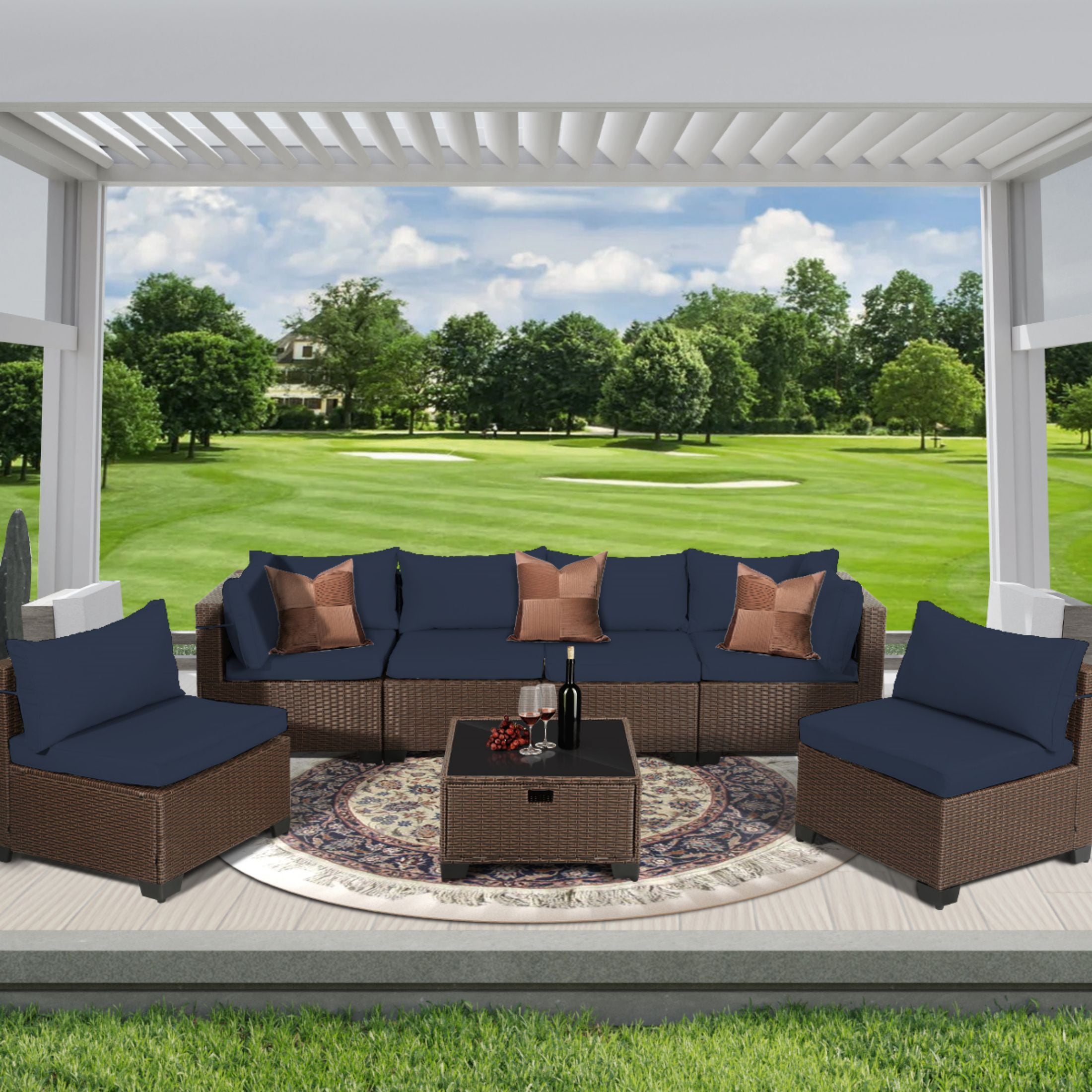7 Piece Rattan Sectional Sofa Set, Outdoor Conversation Set, AllWeather Wicker Sectional
