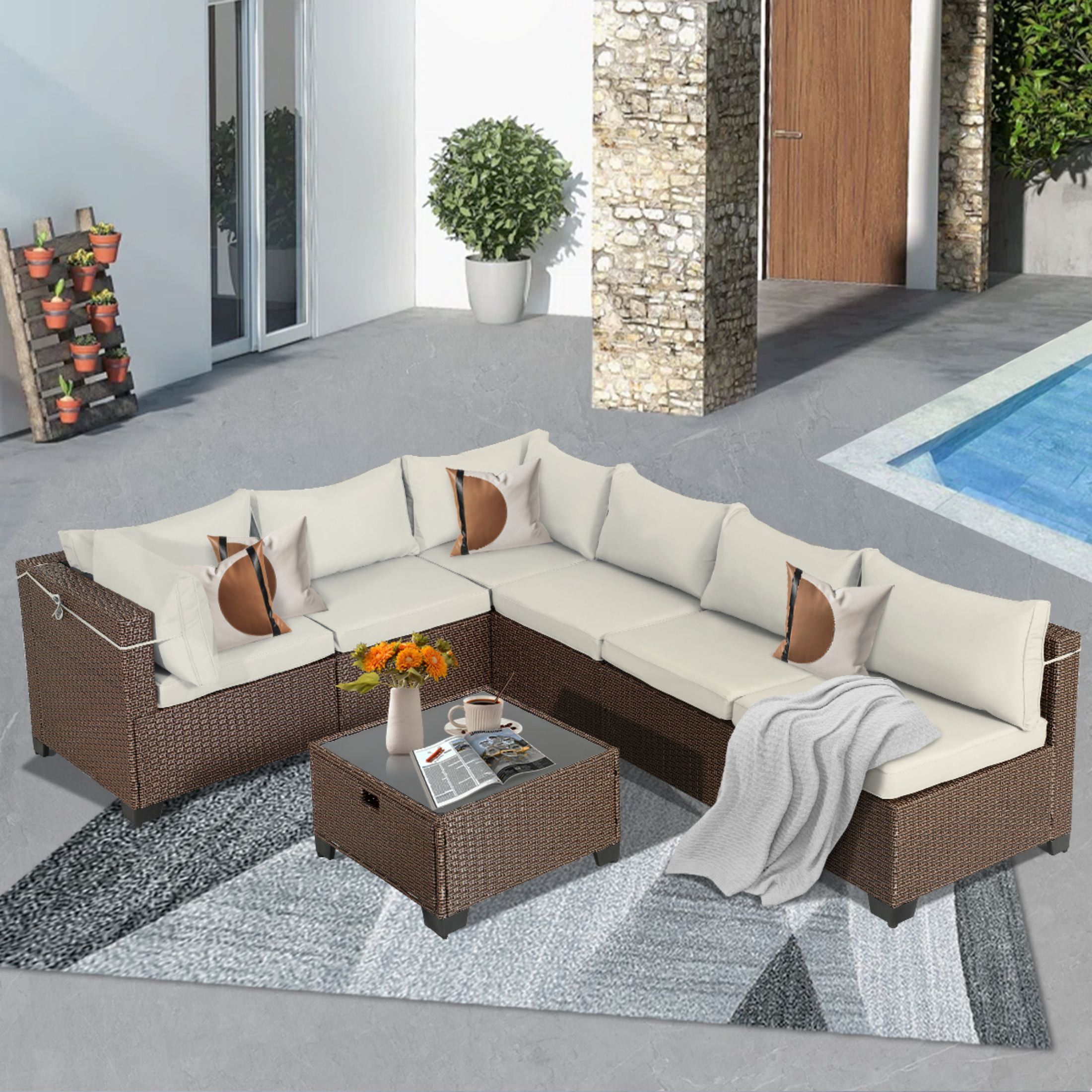 7 Piece Rattan Sectional Sofa Set, Outdoor Conversation Set, AllWeather Wicker Sectional