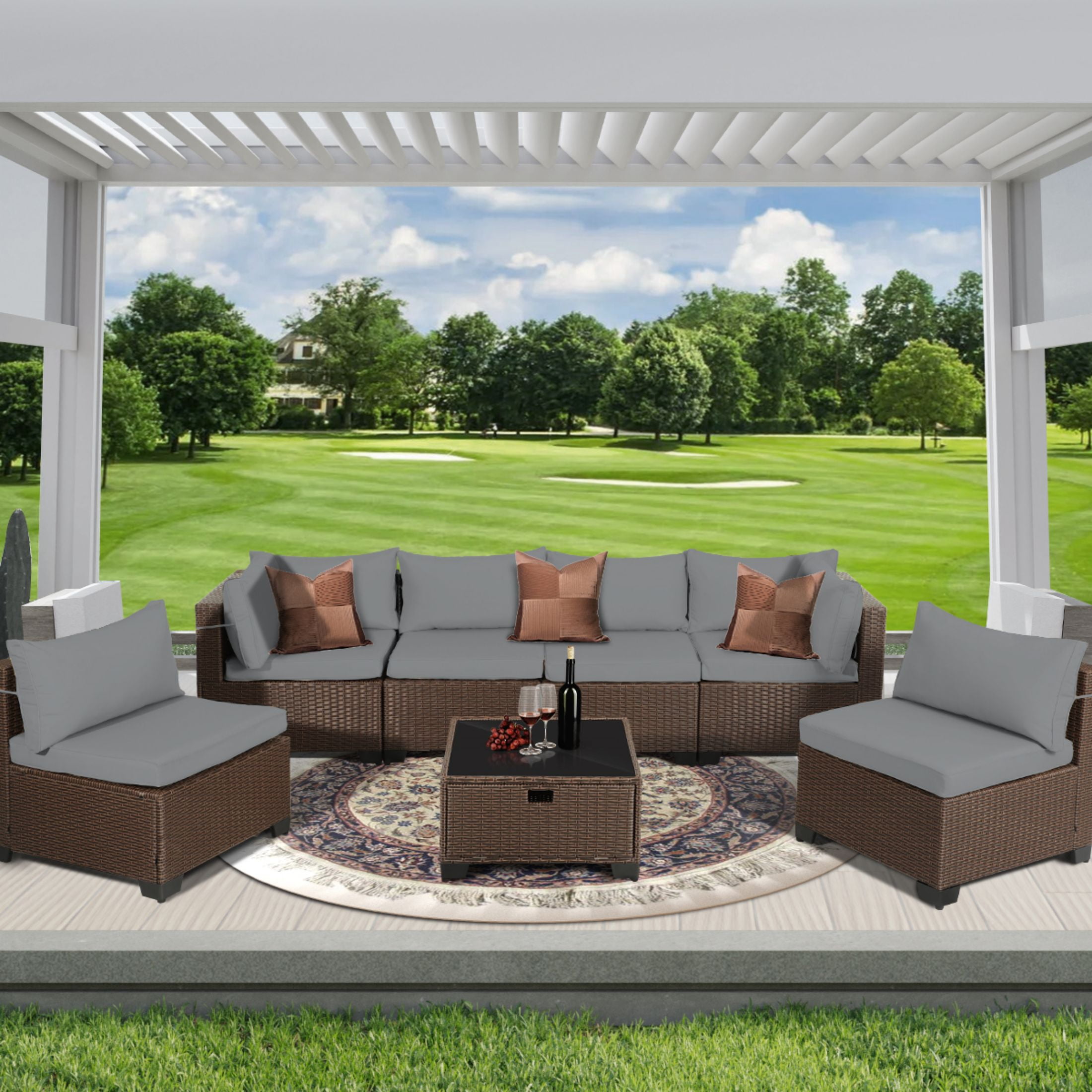 7 Piece Rattan Sectional Sofa Set, Outdoor Conversation Set, AllWeather Wicker Sectional