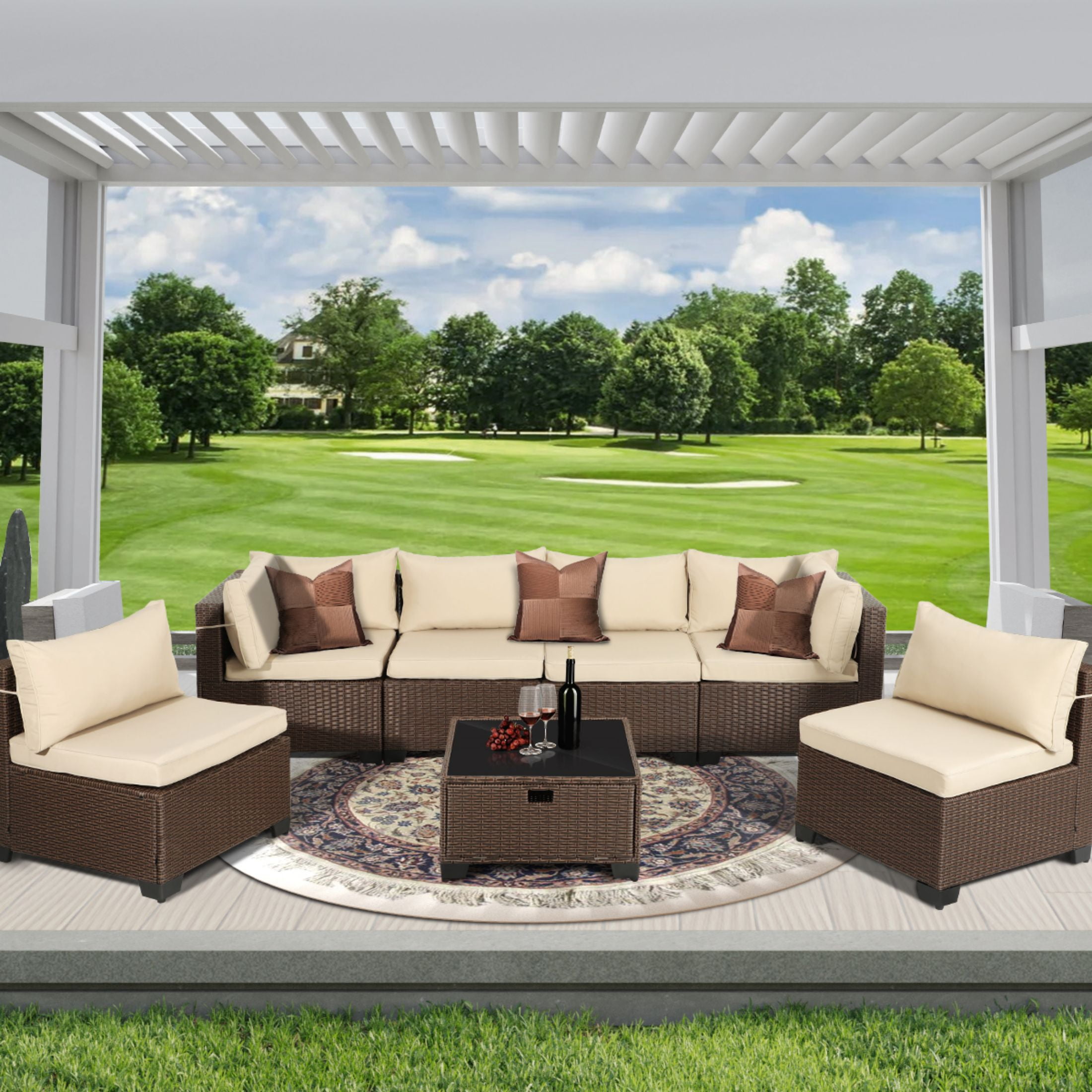 7 Piece Rattan Sectional Sofa Set, Outdoor Conversation Set, All
