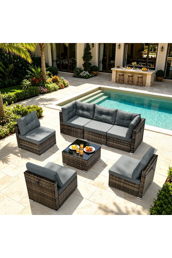 7 Piece Rattan Sectional Sofa Set, Outdoor Conversation Set, All-Weather Wicker Sectional Seating Group with Cushions & Coffee Table, Modern Furniture Couch Set for Patio Deck Garden Pool
