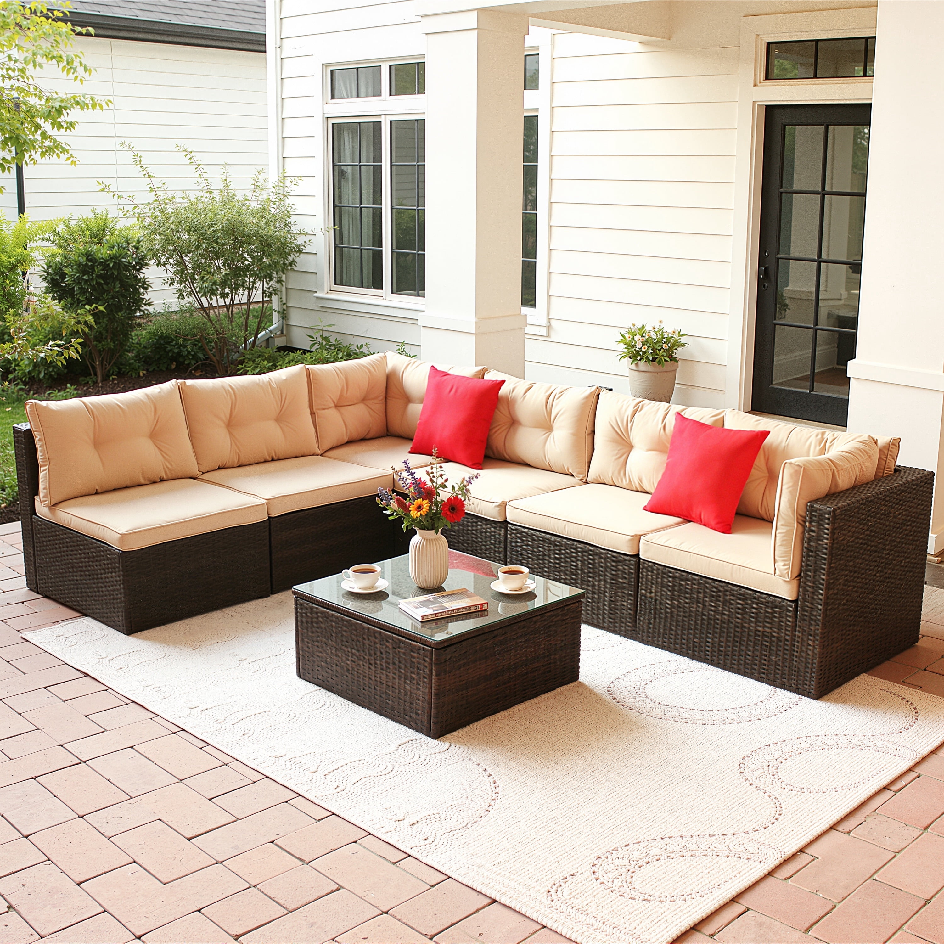 7 Piece Rattan Sectional Sofa Set, Outdoor Conversation Set, All-Weather Wicker Sectional Seating Group with Cushions & Coffee Table, Modern Furniture Couch Set for Patio Deck Garden Pool