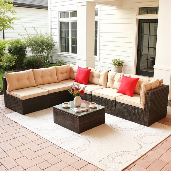7 Piece Rattan Sectional Sofa Set, Outdoor Conversation Set, All-Weather Wicker Sectional Seating Group with Cushions & Coffee Table, Modern Furniture Couch Set for Patio Deck Garden Pool