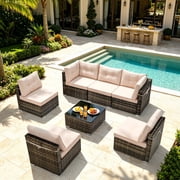 7 Piece Rattan Sectional Sofa Set, Outdoor Conversation Set, All-Weather Wicker Sectional Seating Group with Cushions & Coffee Table, Modern Furniture Couch Set for Patio Deck Garden Pool