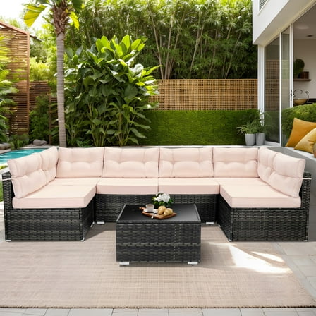 7 Piece Rattan Sectional Sofa Set, Outdoor Conversation Set, All-Weather Wicker Sectional Seating Group with Cushions & Coffee Table, Modern Furniture Couch Set for Patio Deck Garden Pool
