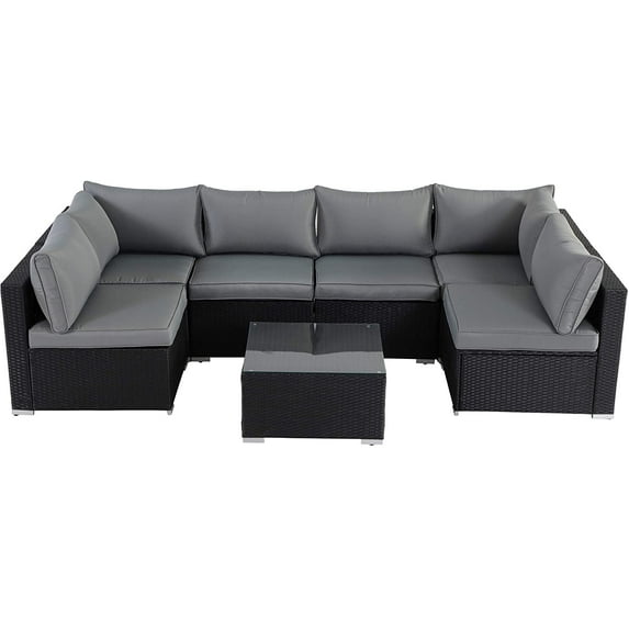 7 Piece Rattan Sectional Sofa Set, Outdoor Conversation Set,All-Weather Wicker Sectional Seating Group with Cushions & Coffee Table,Morden Furniture Couch Set for Patio, Garden&Poolside, Black