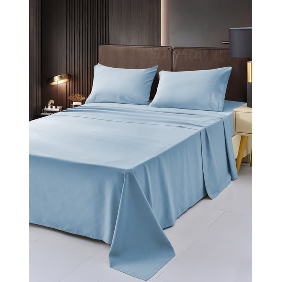 7 Piece Rayon Made From Bamboo Sheet Set by OKAO, Split Light Blue- Silky Soft- Wrinkle Free-Deep Pockets- Softer and Stronger Than Cotton- 2 Fitted Sheet, 1 Flat, 4 Pillowcases Split King, Light Blue