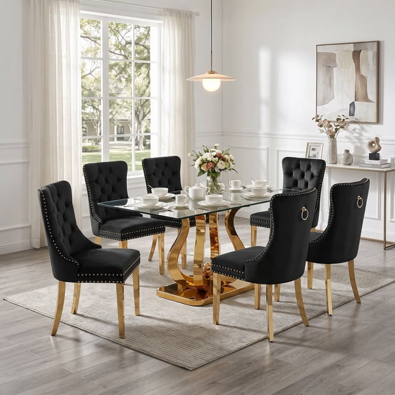 7-Piece Rectangular Dining Set, 69" Tempered Glass Tabletop with Elegant Floral Stainless Steel Base, 6 Velvet Tufted Dining Chairs, for Dining Rooms, Apartments