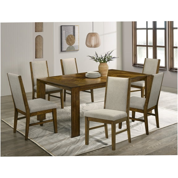 7-Piece Rectangular Dining Table Set with Upholstered Chairs, Solid Wood Farmhouse Table and Neutral Fabric Seating for 6