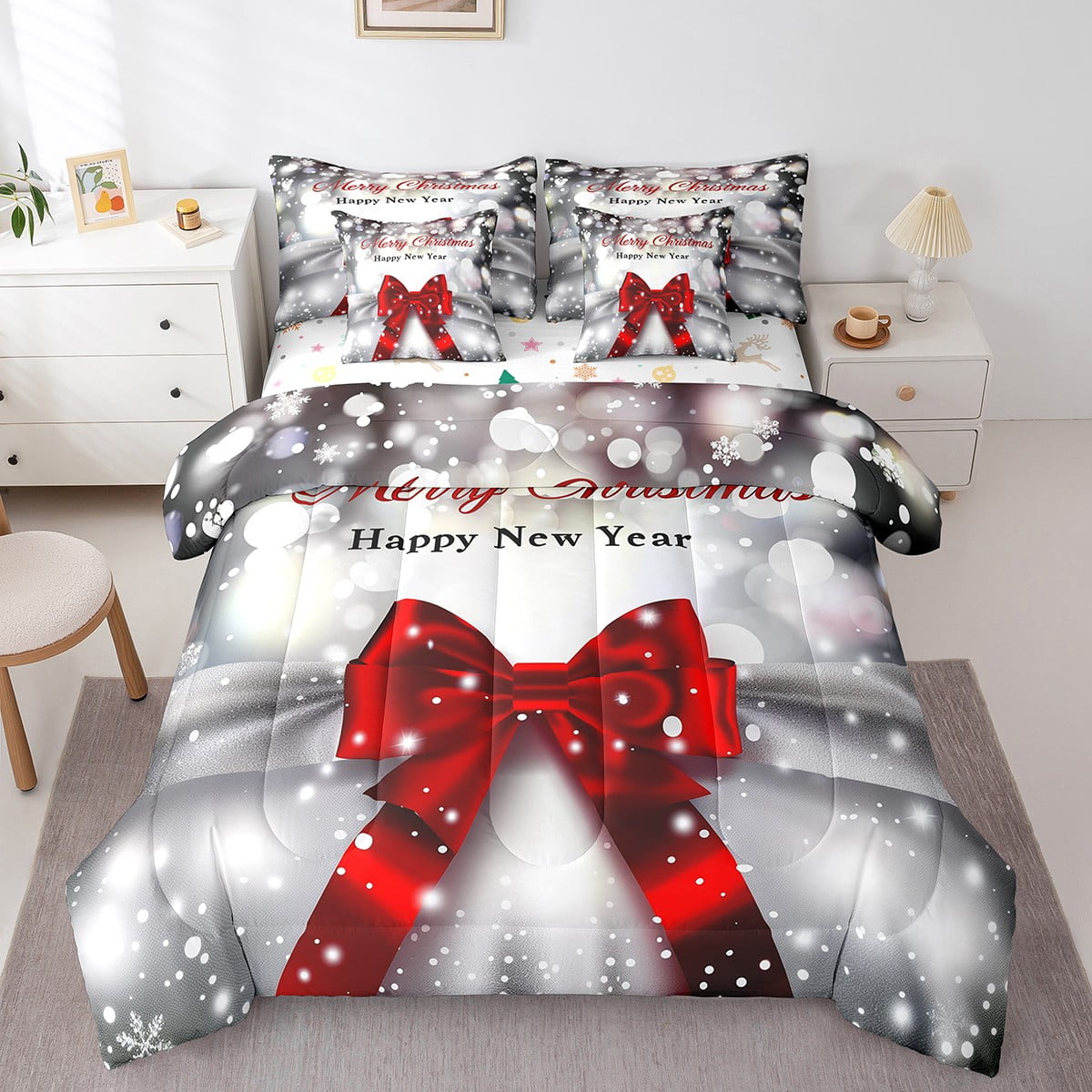 7 Piece Red Bow Print Bed in a Bag Merry Christmas Bedding Set for Boys