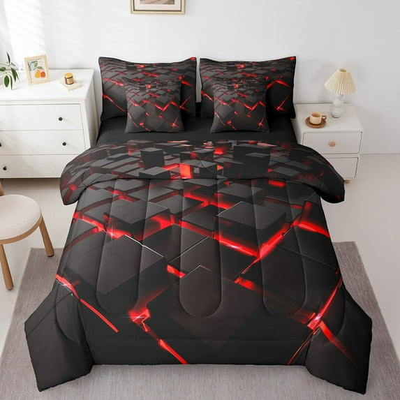7 Piece Red Geometric Bed in a Bag Twin Modern Abstract Plaid Bed Set, Black Honeycomb Print Bedding Comforter Sheet Set Beehive Geometrical Cushiom Covers Square Pattern Fitted Sheet