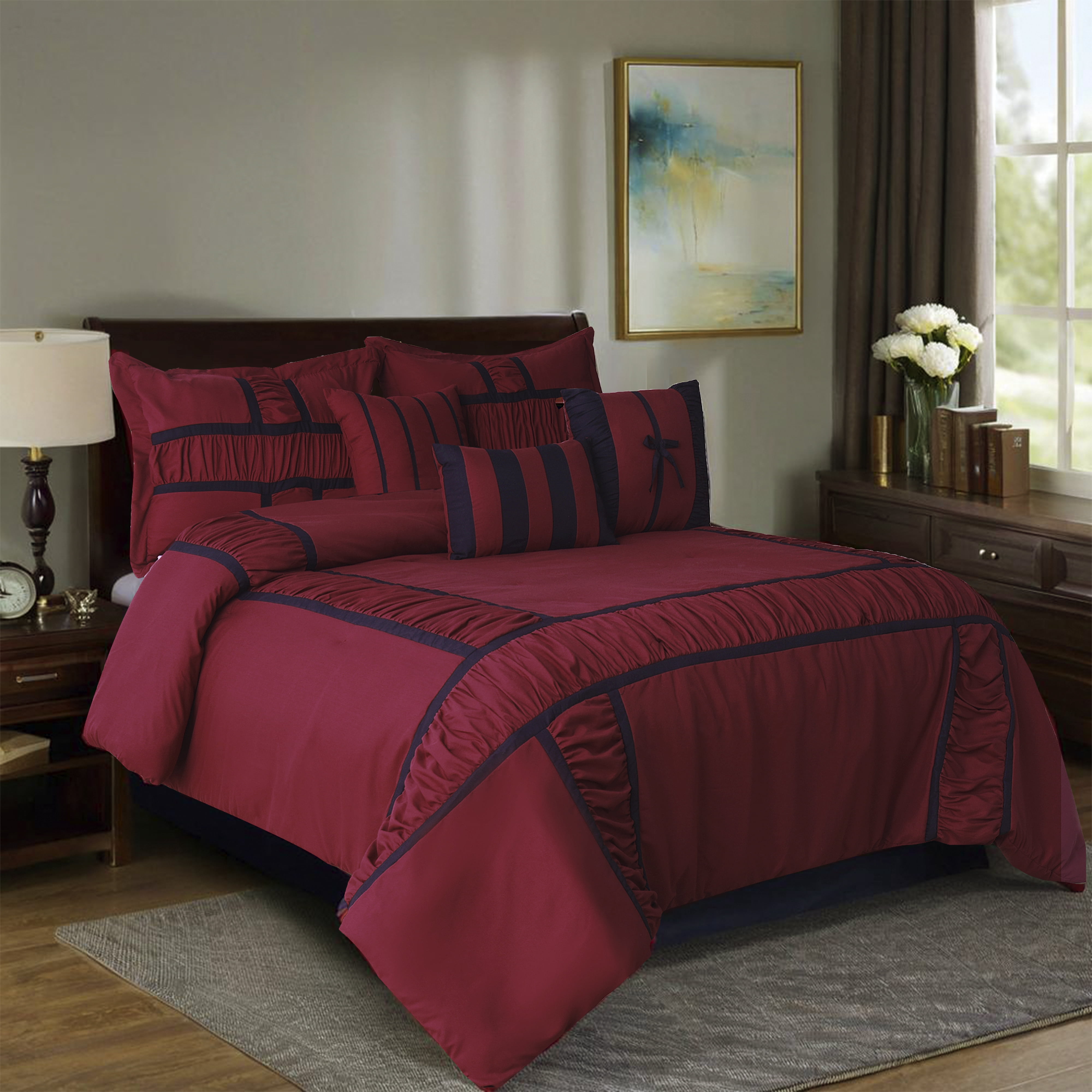 7-Piece Red and Navy Ruffled Comforter Set with Shams, Pillows & Bed Skirt，Queen