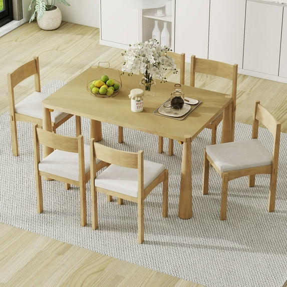 7-Piece Retro Dining Table Set, 60" Solid Wood Kitchen Table Set with 6 Upholstered Chairs and Thicken Seats, Easy Assembly for Dining Room, Natural