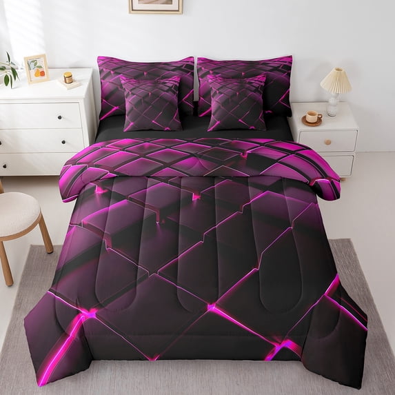7 Piece Rose Purple Geometric Bed in a Bag Black Honeycomb Print Fitted Sheet Twin, Modern Abstract Plaid Bedding Comforter Sheet Set Beehive Geometrical Square Pattern Cushiom Covers
