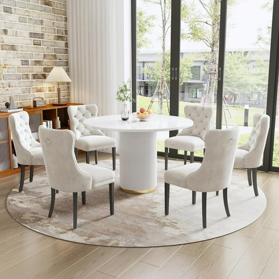 7-Piece Round Dining Table Set, 46.46" Modern Farmhouse Wood Top with Gold Roman Column Pedestal Base and 6 Velvet Nailhead Chairs with Ring Pull for Kitchen,Dining Room,White