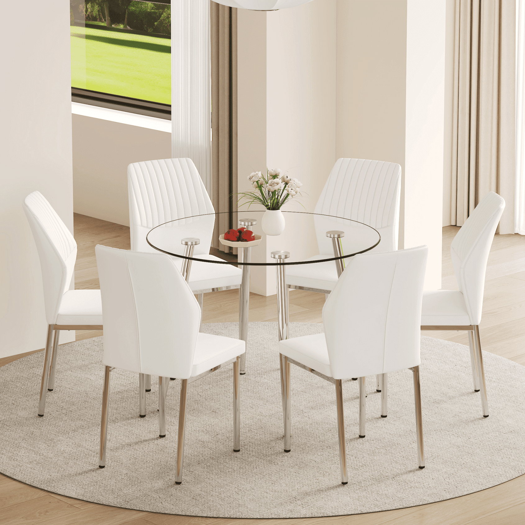 7-Piece Round Dining Table Set with Tempered Glass Top and 6 PU Leather ...