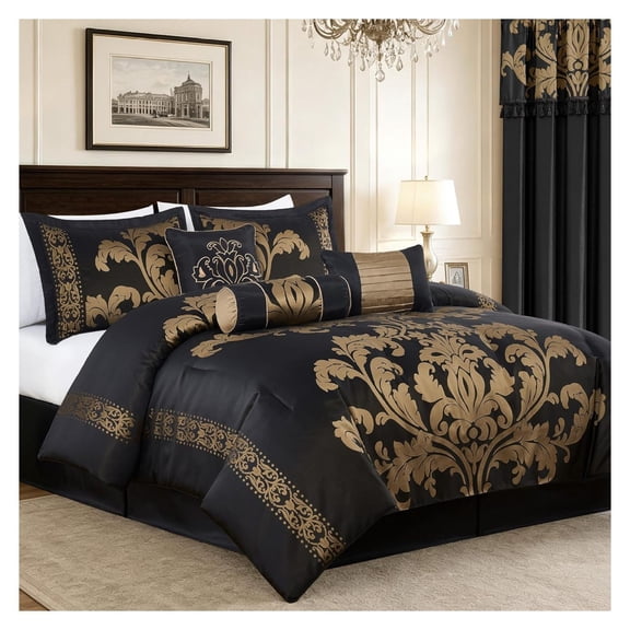 7-Piece Royale Jacquard Floral Comforter Set, Full/Double, Black/