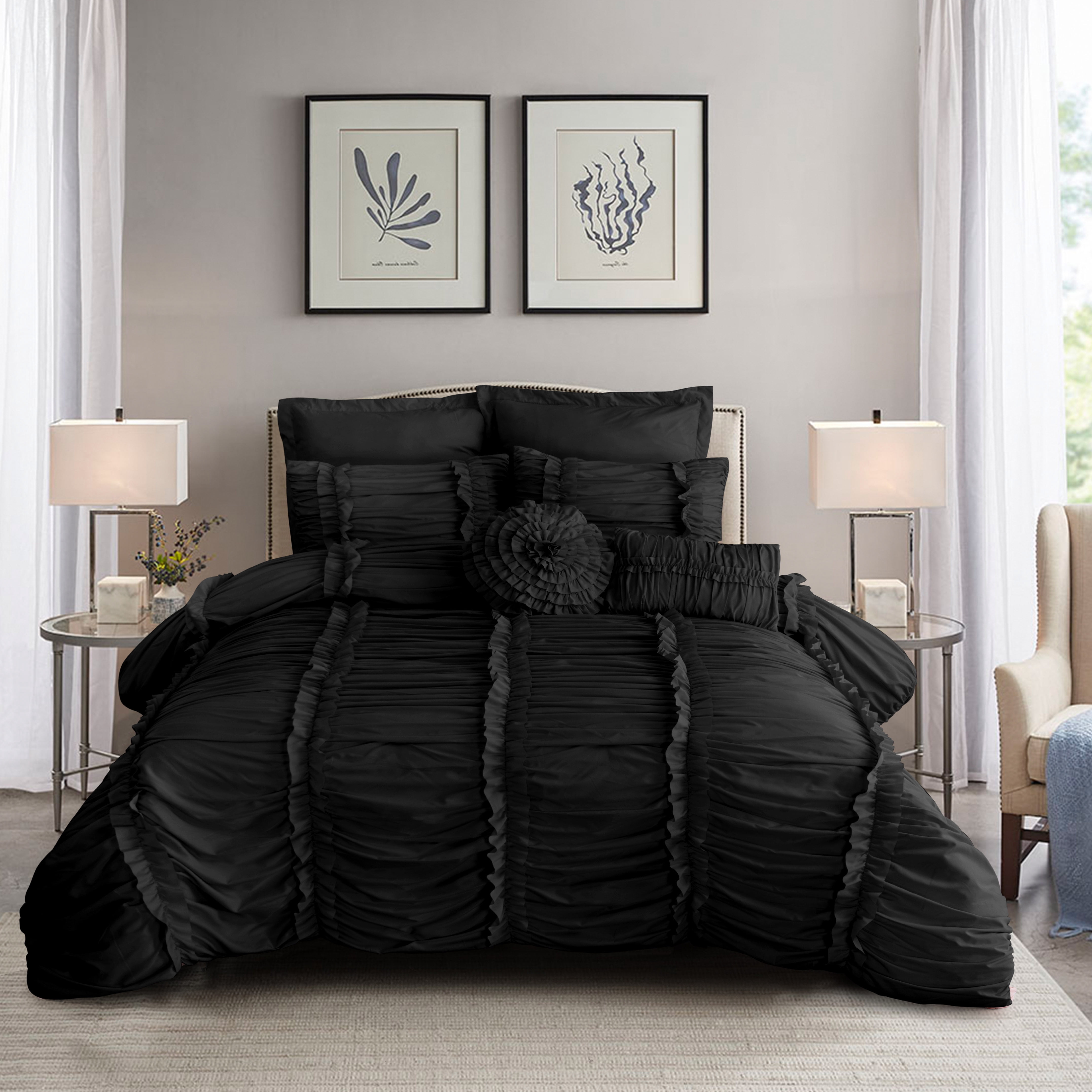7-Piece Ruffled Comforter Set, Black - Modern Luxe Bedding with ...