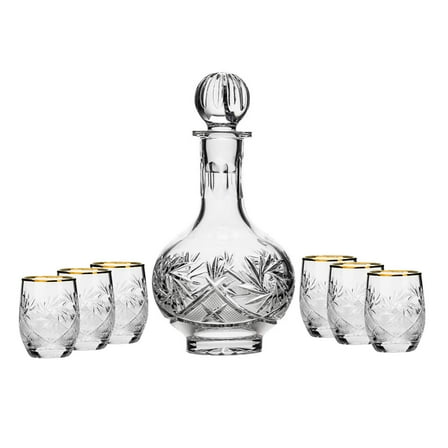 7-Piece Russian Crystal Vintage Vodka Set, 16-Oz Decanter Carafe w/ 6 Shot Sherry Liquor Shooter Glasses, Old-fashioned Glassware (5108G)
