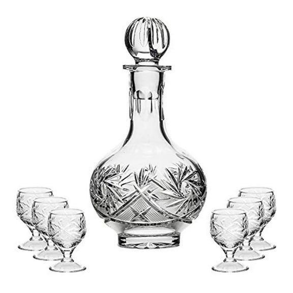 7-Piece Russian Crystal Vintage Vodka Set, 16-Oz Decanter Carafe w/ 6 Shot Sherry Liquor Shooter Glasses, Old-fashioned Glassware (5290)