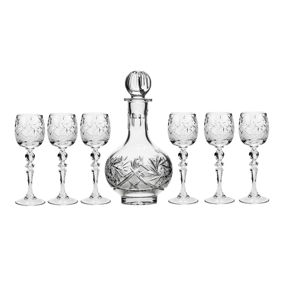 7-Piece Russian Crystal Vintage Vodka Set, 16-Oz Decanter Carafe w/ 6 Shot Sherry Liquor Shooter Glasses, Old-fashioned Glassware (7565)