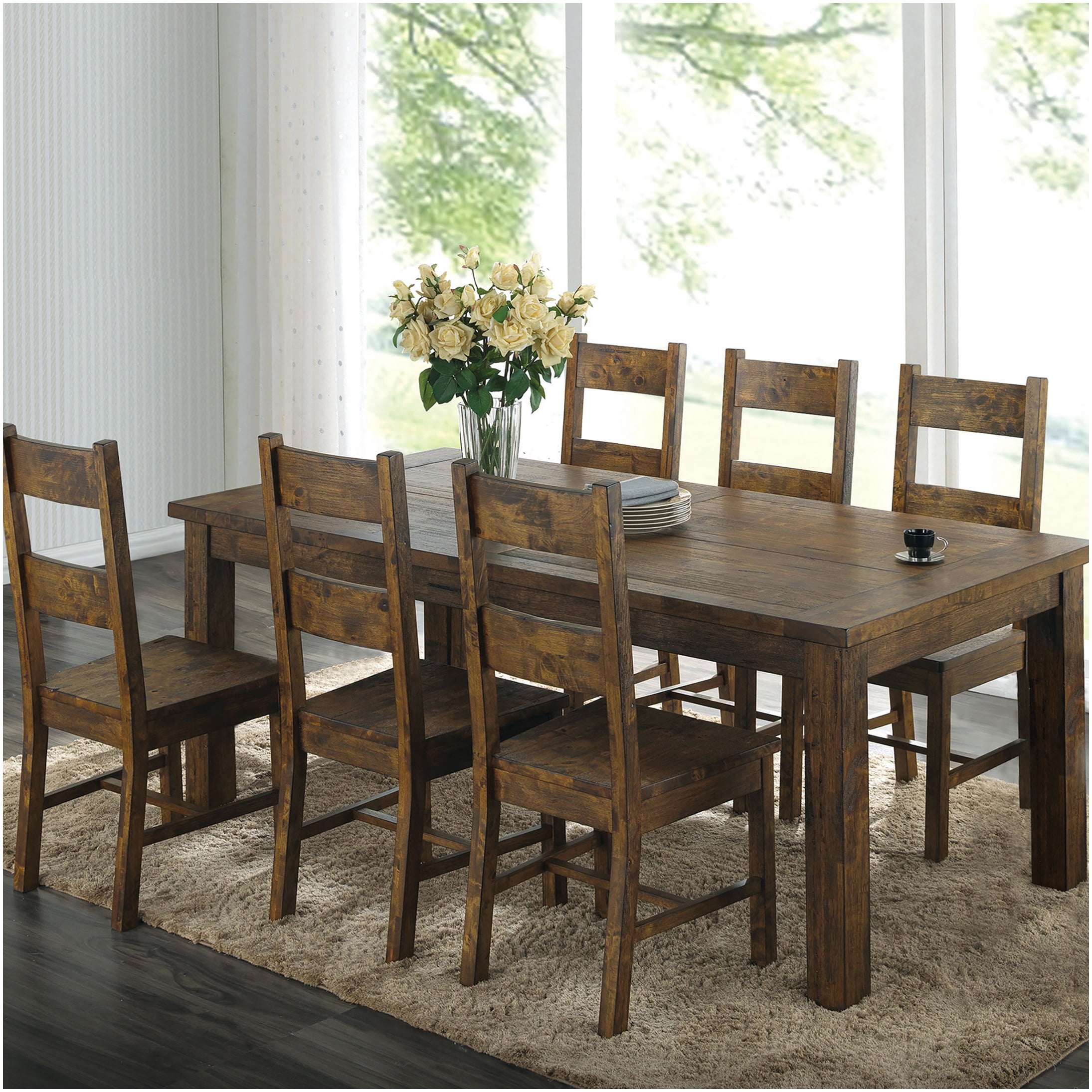 7-Piece Rustic Brown Wood Dining Table Set with 6 Ladder Back Chairs ...