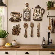 7 Piece Rustic Wooden Coffee Wall Decor Set, Farmhouse Kitchen Wall Art with Cup Teapot Cutlery Beans, Vintage Home Dining Room Cafe Decoration