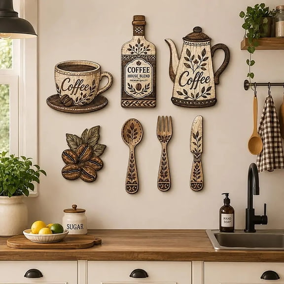 7 Piece Rustic Wooden Coffee Wall Decor Set, Farmhouse Kitchen Wall Art with Cup Teapot Cutlery Beans, Vintage Home Dining Room Cafe Decoration