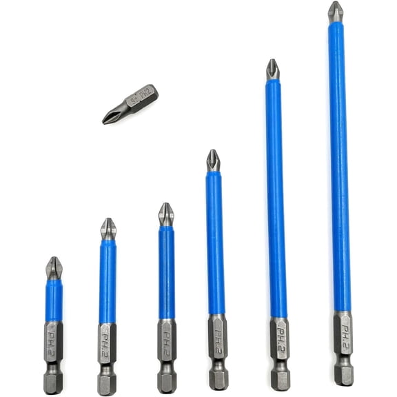 7-Piece S2 Steel PH2 Magnetic Phillips Screwdriver Bit Set, 1/4" Hex Shank Anti-Slip Impact Driver Bits (25mm-150mm)