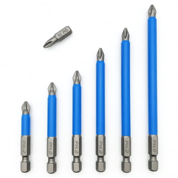7-Piece S2 Steel PH2 Magnetic Phillips Screwdriver Bit Set, 1/4" Hex Shank Anti-Slip Impact Driver Bits (25mm-150mm)