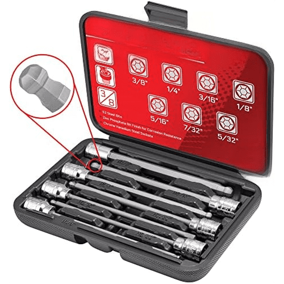 7-Piece SAE Ball End Extra Long Hex (Allen) Bit Socket Set, 1/8 in. - 3/8 in. Sizes, 3/8 in. Drive, S2 Steel Bits, CrV Sockets From a Family-Run Tool Company Based in the U.S.A.