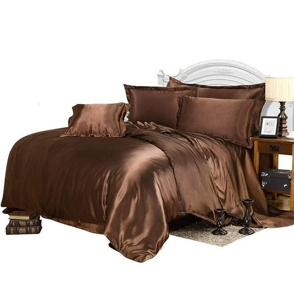 Kanak Bedding All Season Comforter 400GSM 7Pc 100% Silk Satin Sheet Set with Comforter Hotel Luxury Bed Sheets Cooling Sheets Set Full XL Chocolate