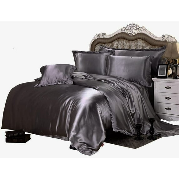 7 Piece All Season - Satin Comforter Set (Comforter + Flat Sheet + Fitted Sheet 19'' + 4 Pillowcases) 600 GSM Comforter Sheet Set Wrinkle Fade Free for All Seasons( Oversized King,Dark Gray )