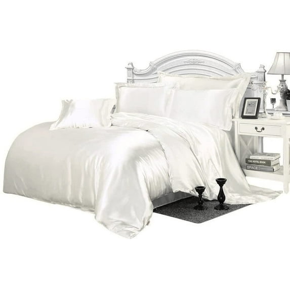 7 Piece All Season - Satin Comforter Set (Comforter + Flat Sheet + Fitted Sheet 19'' + 4 Pillowcases) 600 GSM Comforter Sheet Set Wrinkle Fade Free for All Seasons( Short Queen Size,White )