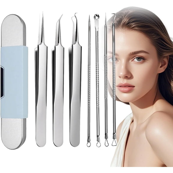 7 Piece Set Blackhead Extraction, Blackhead Remover Tool Comedones Extractor Acne Removal Kit for Blemish, Professional Facial Blackhead Remover Tweezers