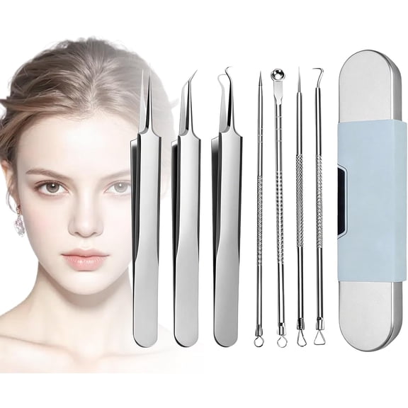 7 Piece Set Blackhead Extraction, Professional Stainless Steel Blackhead Remover Tools, Facial Extractor Kit with Case (1set)