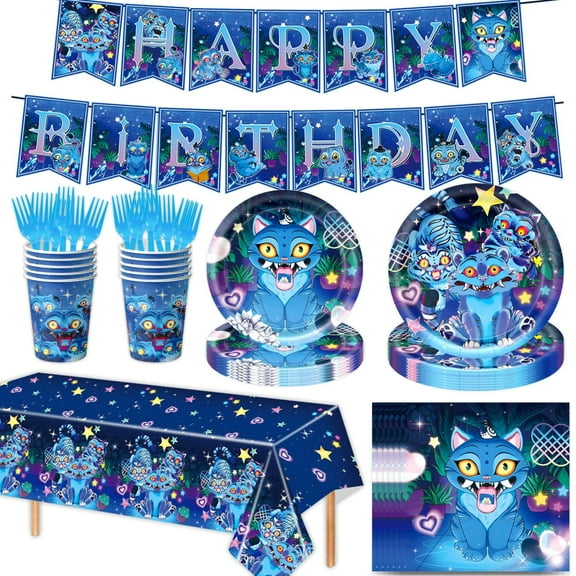 7 Piece Set New Theme Birthday Party disposable Tableware Set, Blue KPop Girl Group HUNTR Tablecloth, Plates, Happy Birthday Banner, Forks, Paper Cups, Tissues