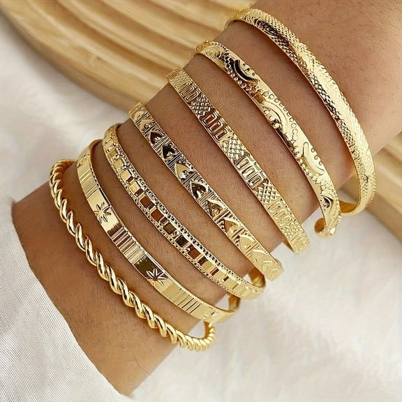 7-Piece Set of Vintage-Inspired Stacking Bracelets - Adjustable, Engraved, Textured, and Unisex - Perfect Gift for Mardi Gras Day, Parties, and Special Occasions,Golden