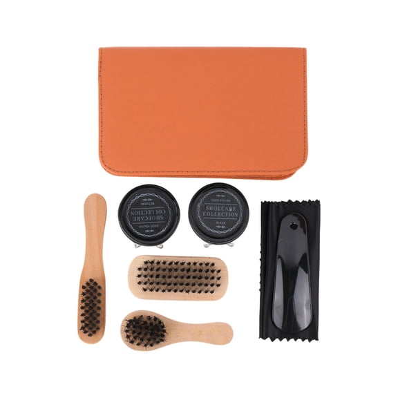 7 Piece Shoe Care Kit, Shoe Shine Kit with Black Polish Clear Wax Brushes Cloth Shoe Horn Travel Case for Leather Footwear