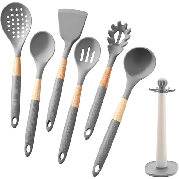 7 Piece Silicone Cooking Utensil Set with Rack, White Heat Resistant Kitchen Tools, Dishwasher Safe Spatula Collection for Singles Small Family