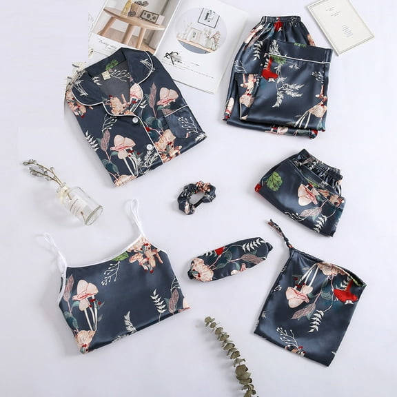7 Piece Silk Pajama Set for Women,Women's Pajamas Set Mushroom Print 7pcs Silk Satin Sleepwear Loungewear Cami Shirt Pj Set