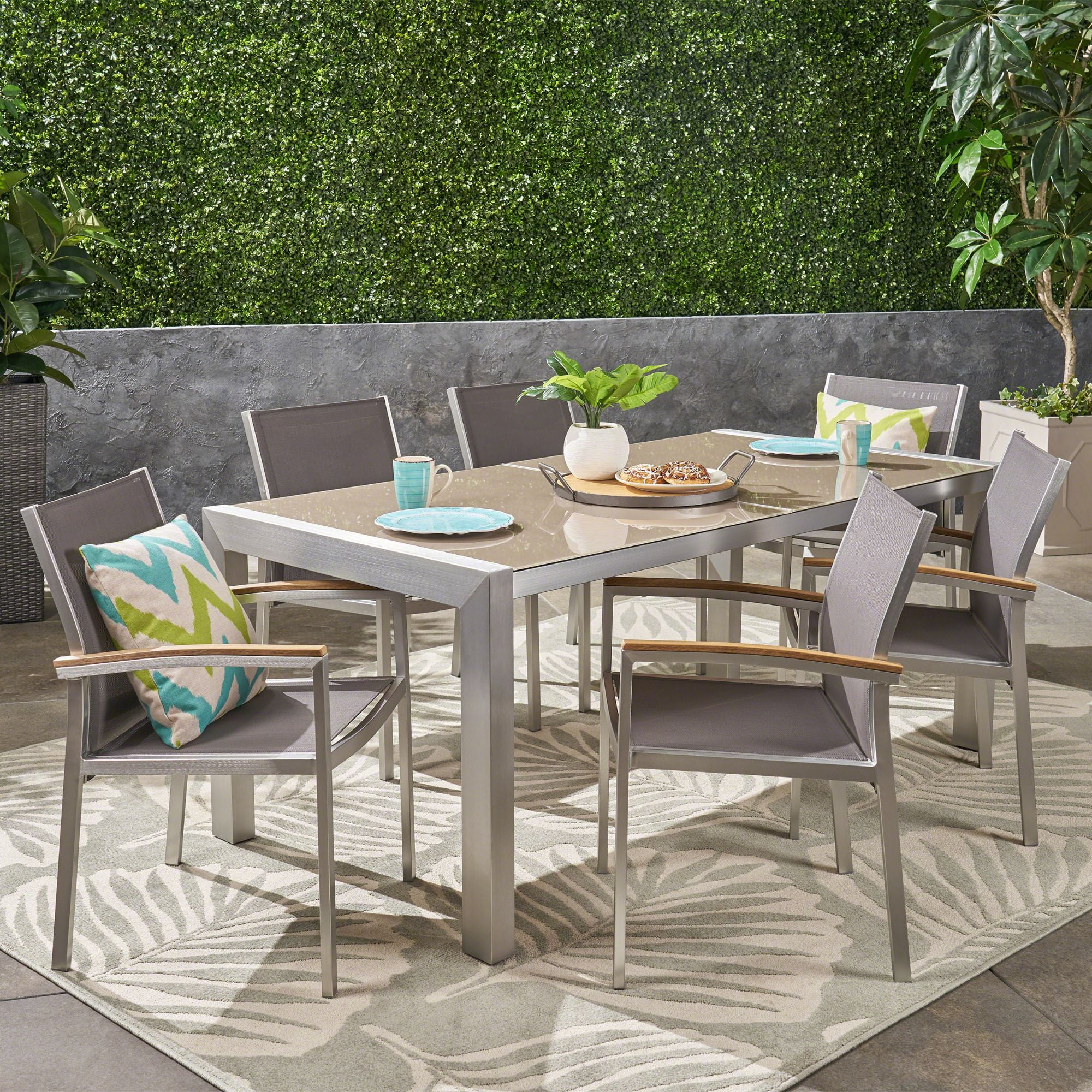 7Piece Silver and Gray Contemporary Outdoor Furniture Patio Dining Set