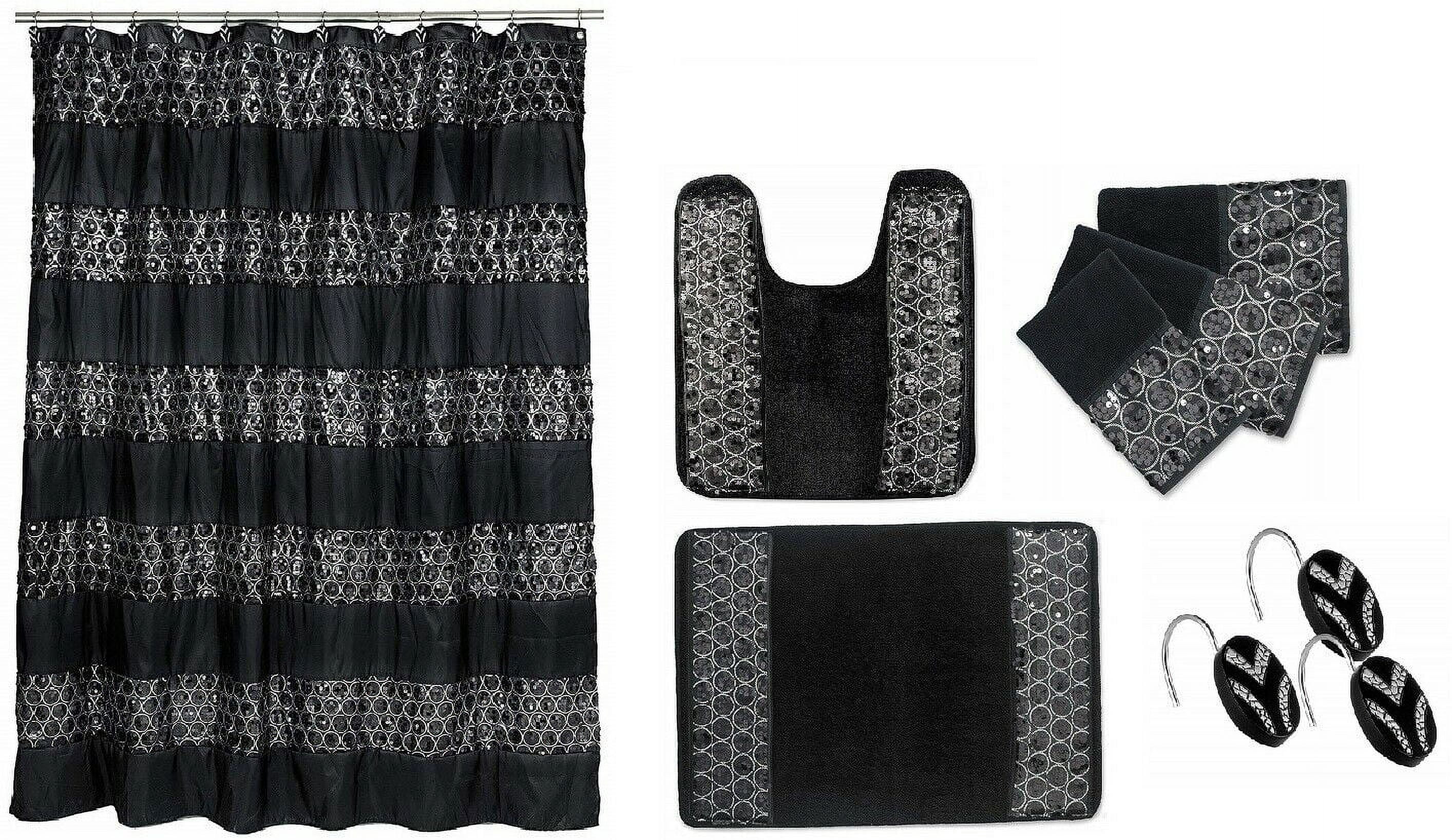 7 Piece Sinatra Black Shower Curtain, Resin Shower Hooks, 2 Rugs and Towel Set