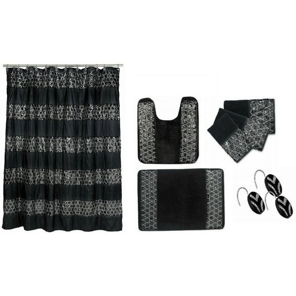 7 Piece Sinatra Black Shower Curtain, Resin Shower Hooks, 2 Rugs and Towel Set