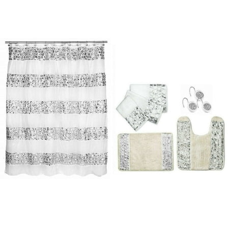 7 Piece Sinatra White Shower Curtain Resin Shower Hooks 2 Rugs and Towel Set