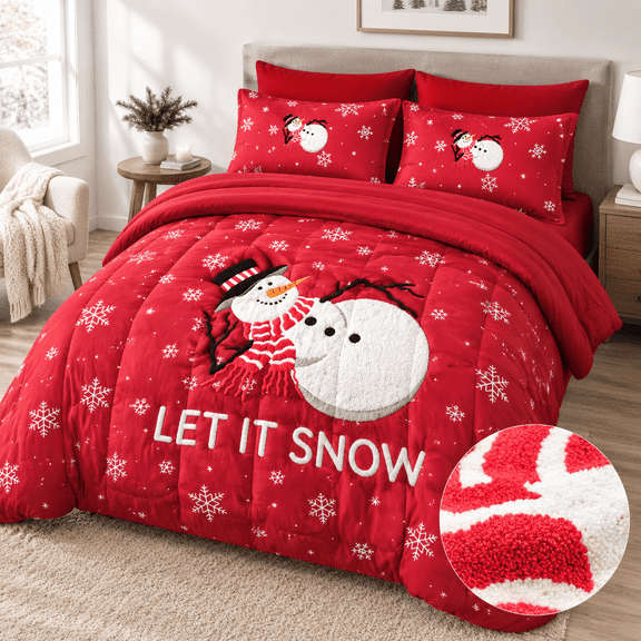 7 Piece Snowman Queen Christmas Microfiber Bedding Bed-in-a-Bag Set