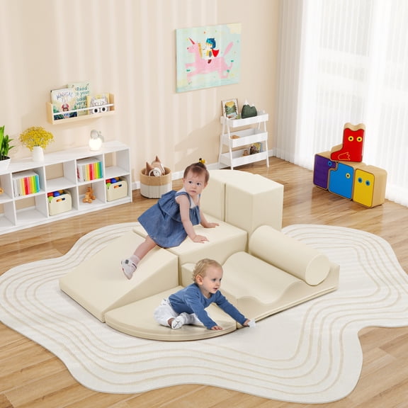 Beige Foam Playground Slide for Toddlers, Indoor Climbing Toy with 50 lbs Capacity